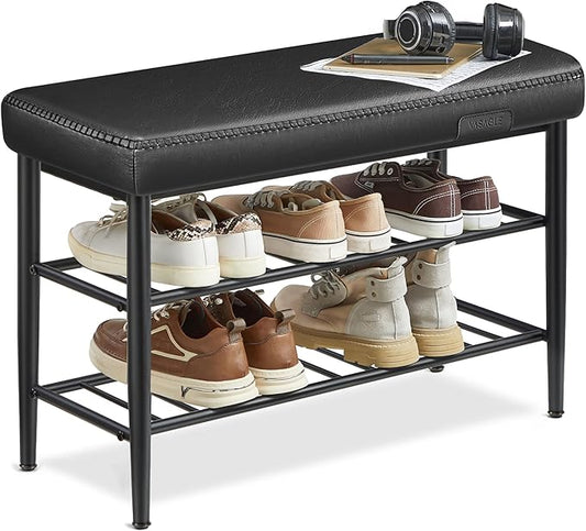 VASAGLE EKHO Collection - Shoe Rack Bench, Storage Bench for Entryway, Synthetic Leather with Stitching, Mid-Century Modern, Loads 300 lb, 11.8 x 31.5 x 19.7 Inches, Ink Black ULSB054B01