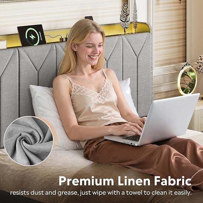 WLIVE Full Size Upholstered Bed Frame with 2 Drawers, Linen Tufted Storage Headboard with Charging Ports and LED Light,Sturdy Metal & Wooden Slats Support, No Box Spring Needed, Light Grey