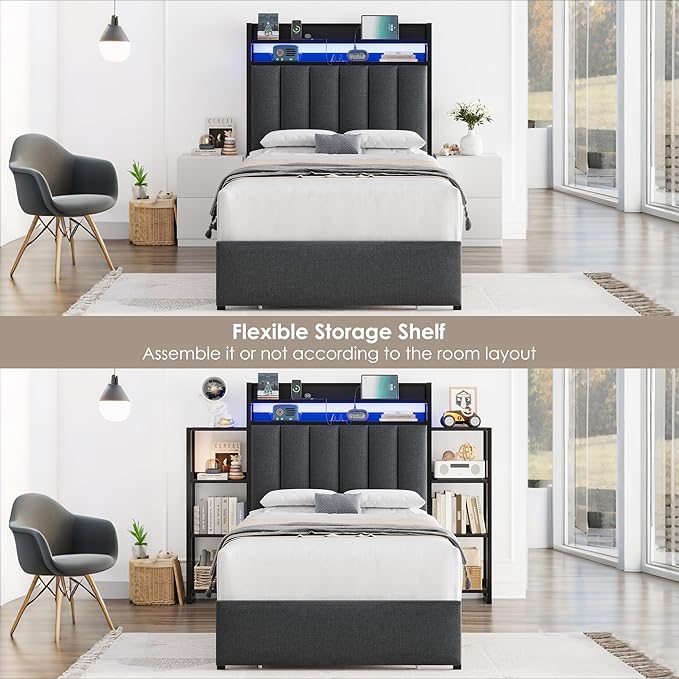 Keyluv Twin Bed Frame with Storage Headboard & Charging Station, Upholstered LED Platform Bed with Bedside Storage Rack & Drawer, Metal Slat Support, No Box Spring Needed, Linen Fabric, Black