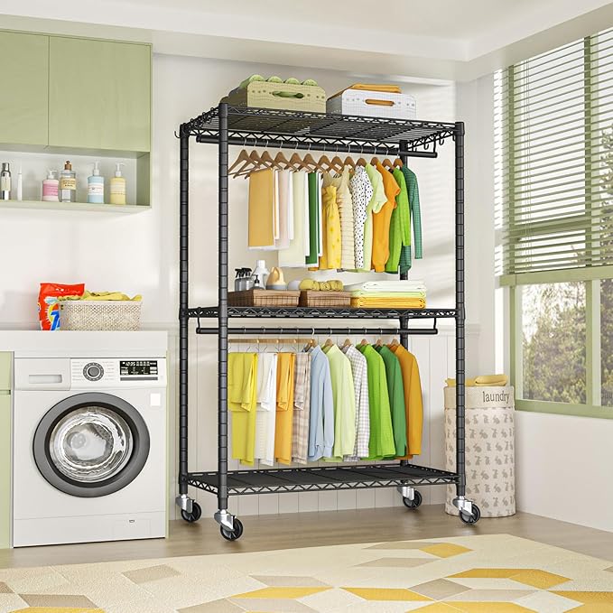 FUTASSI P3 Plus Rolling Clothes Rack, Clothing Racks for Hanging Clothes, Heavy Duty Garment Rack with Wheels, Freestanding Portable Closet Rack 45" W x 14" D x 78.5" H, Max Load 480 LBS, Black