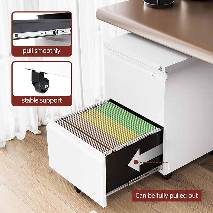 2 Drawer File Cabinet，Mobile Filing Cabinet with Lock and Wheels，Fully Assembled Metal Under Desk File Cabinets for A4/Letter/Legal Size（White