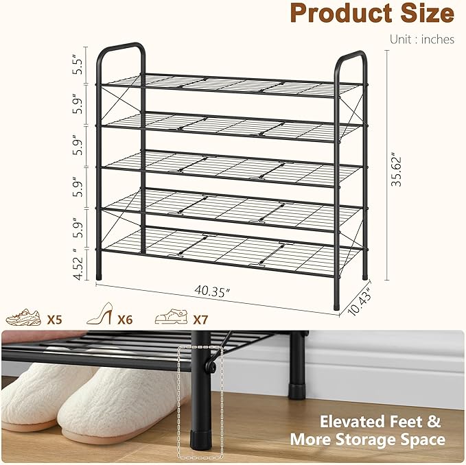 Hoctieon 5 Tier Mesh Style Shoe Rack, Entryway Shoe Shelf, Shoe Storage Organizer, Shoe Rack for Closet, Space Save for Bathroom, Garage, Hallway, Bedroom, Living Room, Black