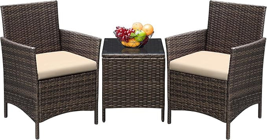 Greesum 3 Pieces Patio Furniture Sets Outdoor PE Rattan Wicker Chairs with Soft Cushion and Glass Coffee Table for Garden Backyard Porch Poolside, Brown and Beige