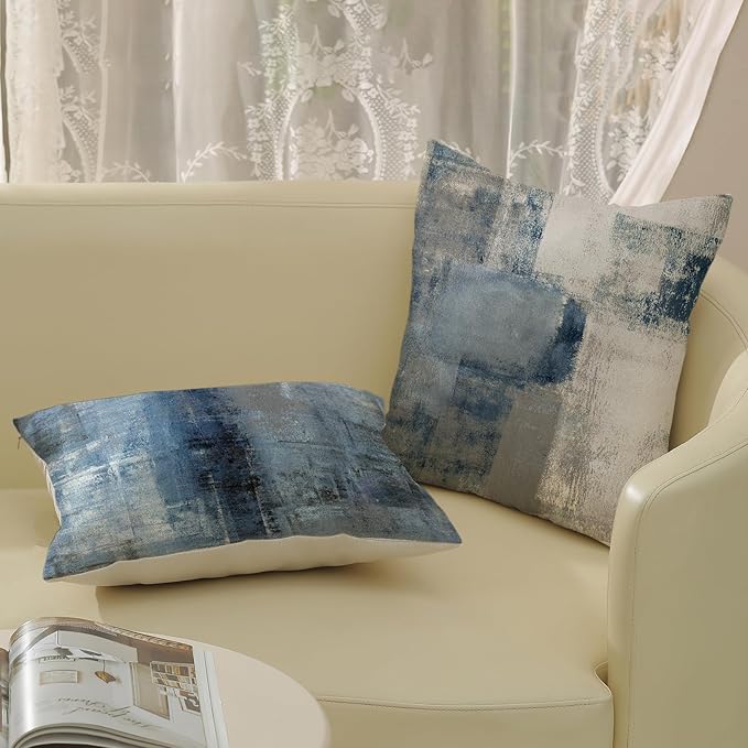 Boho Pillow Covers 18x18 Pack of 2 Blue Art Painting Decorative Throw Pillow Covers Outdoor Decor,Bohemian Abstract Modern Decor Pillowcase Farmhouse Linen Cushion Case for Home Couch Sofa
