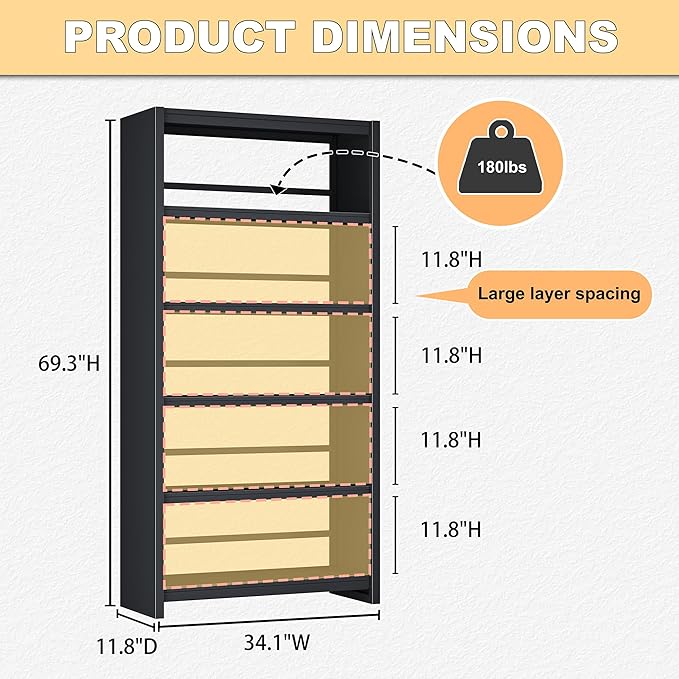 69" Metal Bookshelf,5 Tier Library Bookcase,Bedroom Bookshelves and Bookcases,Tall Book Case/Shelves for Living Room,Office,Black Large Bearing Book Shelf