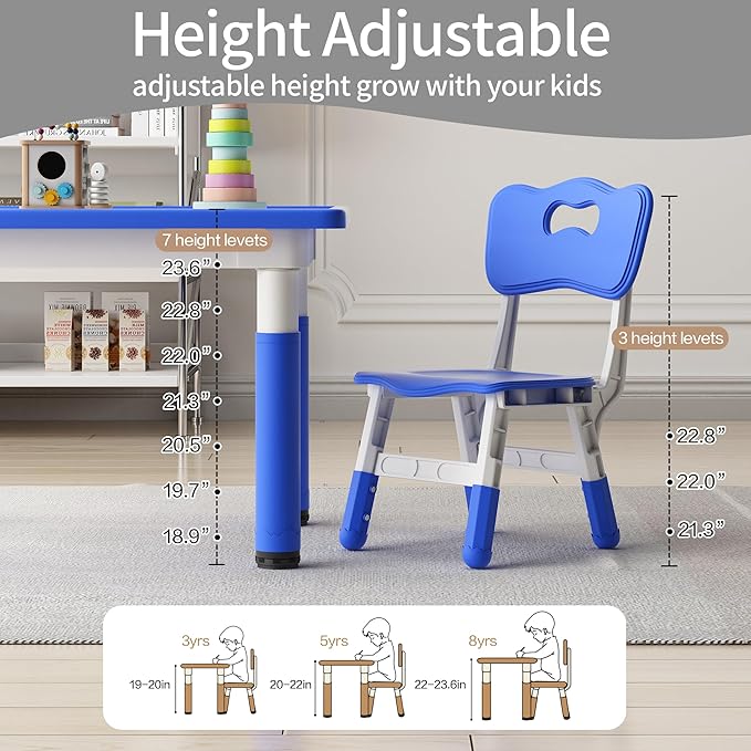 Toddler Table and 2 Chairs, Kids Table and Chair Set Height Adjustable, 31.5''L x 23.6''W Multifunctional Graffiti Desktop for Reading, Drawing, Eating, for Girls & Boys Age 2-10, Blue