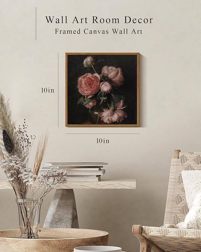 InSimSea Square Framed Canvas Wall Art, Flower Farmhouse Prints Vintage Floral Wall Art Peony Paintings Wall Prints, for Living Room Office Decor, Kitchen Bathroom Home Wall Decor 10"x10"
