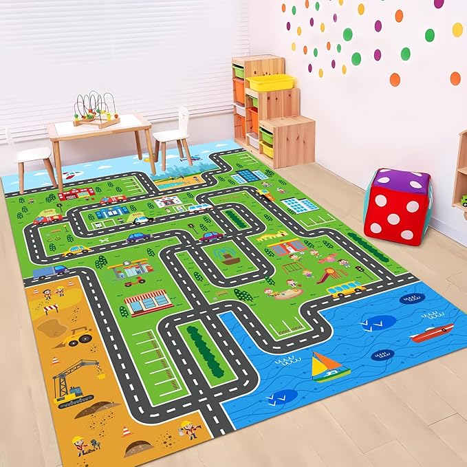 Kids Playmat Car Rug, Kids Play Rugs Town City Road Map Rug, Large Educational Car Mat, Boys Track Play Mat, Kid Rugs for Playroom Bedroom Living Room (Style 1, 59X 39.4 INCH)