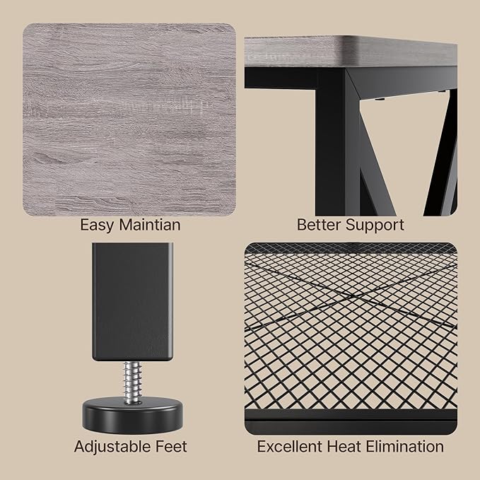 Gizoon TV Stand for 55-65 Inch TVs, 3-Tier Industrial Media Entertainment Center with Open Shelves, Metal Frame, 59.8'' Solid Wood Table top for Living Room, Bedroom, Office, Grey