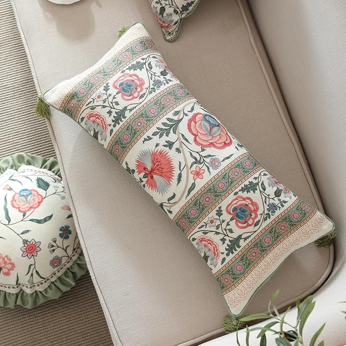 Design Lumbar Retro Elegance Linen Throw Pillow Covers 12"x28" Pack of 2, Green Pink Floral Pattern Cushion Covers Rectangle Decor Pillowcases for Bed,Living Room,Outdoor,Car