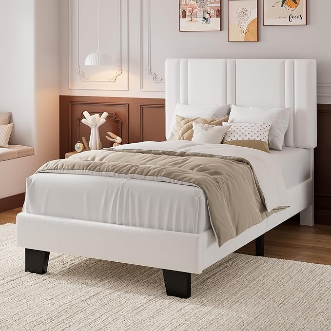 iPormis Twin Size Bed Frame with Velvet Upholstered Headboard & Thickened Legs, Twin Platform Bed Frame w/Solid Wooden Slats Support, Noise Free, No Box Spring Needed, White