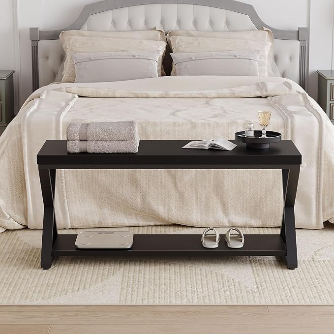 IBF Black Bench for Entryway, Black Modern Wood Bench for Bedroom Hallway Foyer, Farmhouse Entry Way Home Organizer Shoe Bench Seat with Storage Rack Indoor Under Window, 39 Inch Long