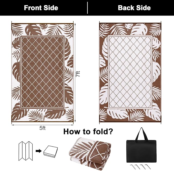 Ileading Outdoor Rug Carpet for Patio 5' x7' Waterproof Reversible Plastic Straw Rug Portable Outside Area Rug Camping Mat for Patio, Clearance, Balcony, Picnic, Pool, Beach, RV, Deck, Leaf Brown