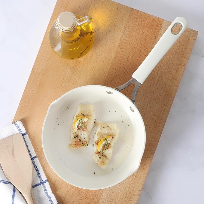 Martha Stewart Heathland 8 Inch Aluminum Fry Pan Cookware Non-Toxic Premium Ceramic Non Stick Frying Pan, Kitchen Egg Pan, Omelet Pan, Always Pan, Pots and Pans, Linen White, Induction Safe