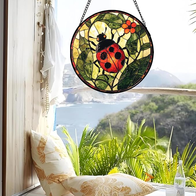 Stained Glass Window Hanging - Red Ladybug Green Plant Flower Sun Catcher for Door Home Decor Insect Suncatcher Christmas Mother's Day Birthday Gifts for Women Men Mom Nana 7.8 in