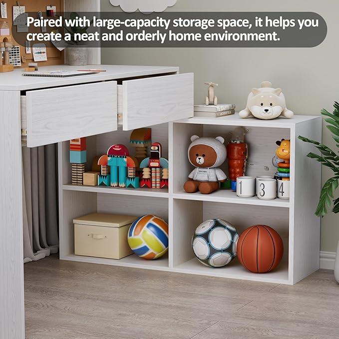 Wooden Kids Desk and Chair Set, 2 Drawers and Remove Storage 4 Cabinets, Children Study Desk with Hutch and Shelves, Boys & Girls Study Desks for Kids Bedroom (White)-Qx0eVu