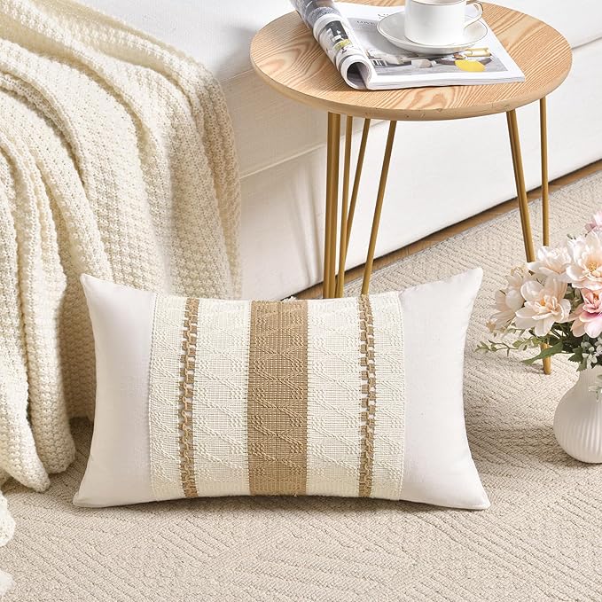 Fancy Homi Set of 2 Neutral Tan Lumbar Decorative Throw Pillow Cover 12x20 Inch for Couch Bed Sofa Chair, Modern Organic Farmhouse Boho Home Decor, Soft Cotton Cute Accent Taupe Rectangle Cushion Case