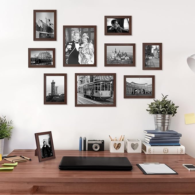 upsimples 10 Pack Picture Frames Collage Wall Decor for Mounting or Tabletop Display, Photo Gallery Frame Set for Family, Multi Sizes Including 8x10, 5x7, 4x6, Brown