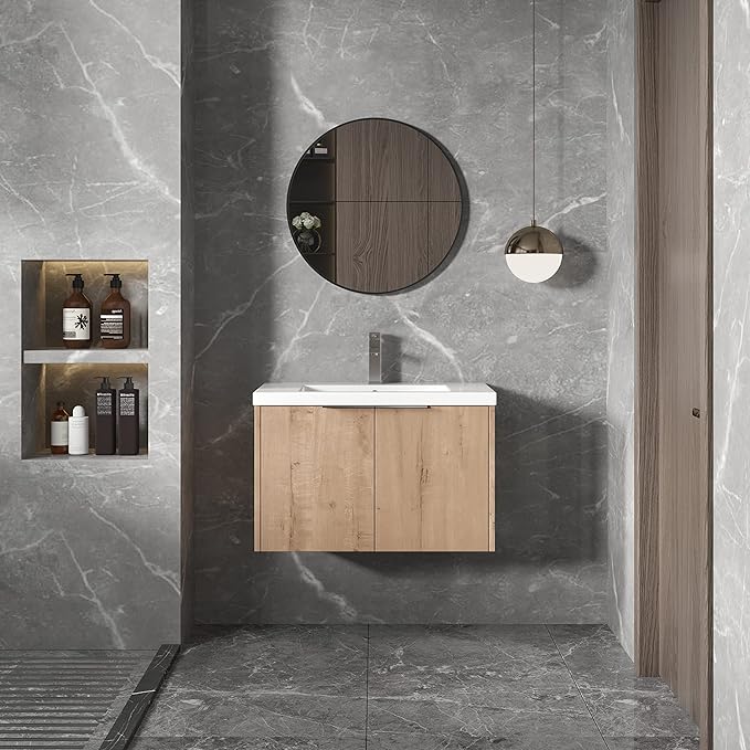 Goujxcy 30" Wall Mounted Vanity With Sink, Modern Floating Cabinet With White Resin Wash Basin & Storage, Soft-Close Door Plywood Hanging Bathroom Cabinet (Imitative Oak)