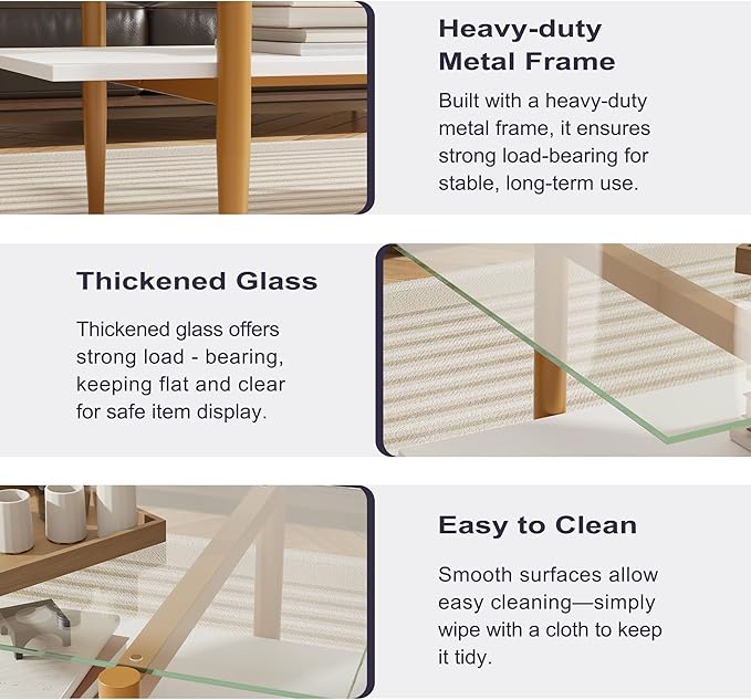 Glass Coffee Table, Rectangle Living Room Center Table with Golden Legs, Mid-Century Modern Accent Tables with Open Shelf for Living Room, Office, White