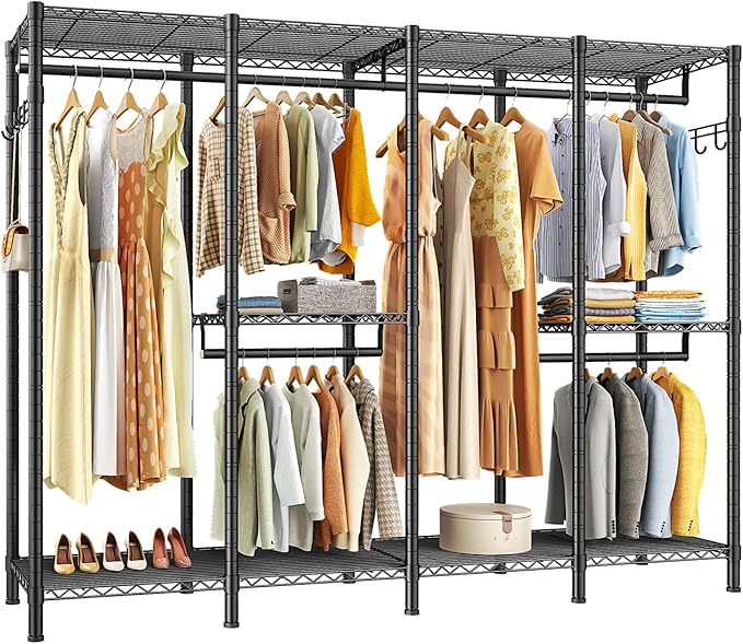 Raybee Clothes Rack Heavy Duty Clothing Racks for Hanging Clothes Loads 1100LBS, Garment Rack Freestanding for Bedroom, 75" H x 75" W x 15.7" D, Black