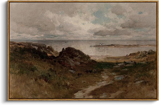 InSimSea Framed Canvas Wall Art Vintage Decor, Seaside Path Wilderness Landscape Paintings Artwork, Large Prints, Retro Wall Decorations for Living Room Bedroom Bathroom, 24"x36"