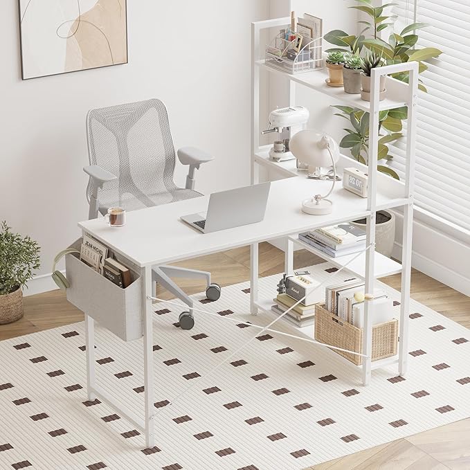 Treesland 47 Inch Computer Desk with Bookshelf, Corner Desk with Storage, L Shaped Desk, Home Office Desks, Writing Study Desk for Bedroom, White