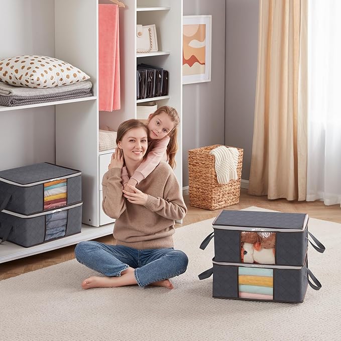 Lifewit 6 Pack Clothes Storage Bag, Foldable Storage Bin Closet Organizer with Reinforced Handle, Sturdy Fabric Blanket Storage with Clear Window, Storage Containers for Clothing, Bedding, Gray