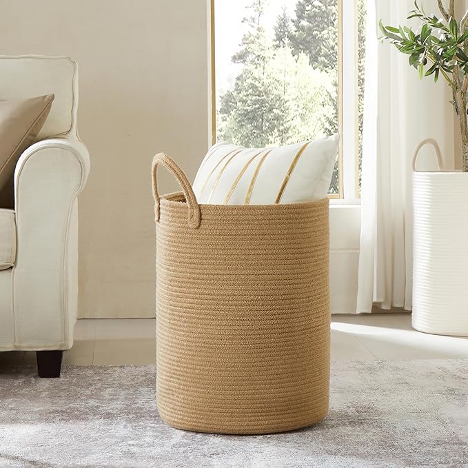 15Dx20H inches Jute Woven Hamper Laundry Basket Wicker Rope Clothes Hamper for Baby Nursery Kids Tall Rattan Blanket Basket in Living Room Bedroom 60L Large Capacity