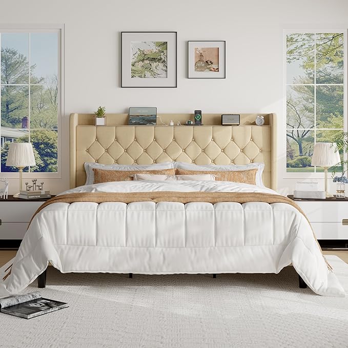 SHA CERLIN King Size Platform Bed Frame with Charging Station, Velvet Wingback Headboard with Storage Shelf, Wooden Slats Support, Ample Under-Bed Space, No Box Spring Needed, Easy Assembly, Beige