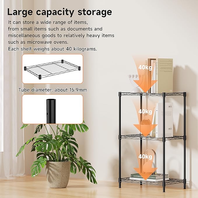 IZEUK 3 Tier Metal Wire Shelving Rack Storage Shelves for Kitchen, Bedroom, Living Room or Laundry Room, Black, 17.7" W x 11.8" D x 28.8" H