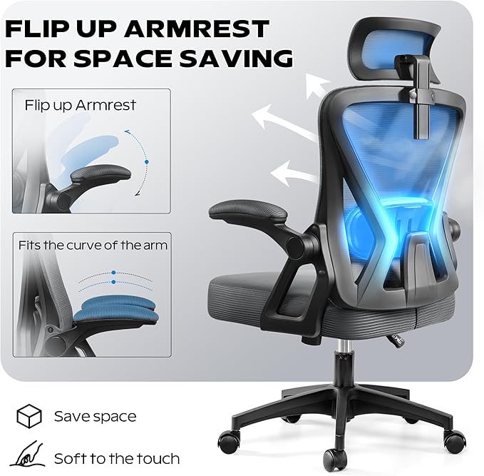 Ergonomic Office Chair, Home Office Desk Chair with Headrest, High Back Mesh Chair with Flip-up Armrests, Comfy Desk Chair with Lumbar Support, Rolling Swivel Task Chair for Office