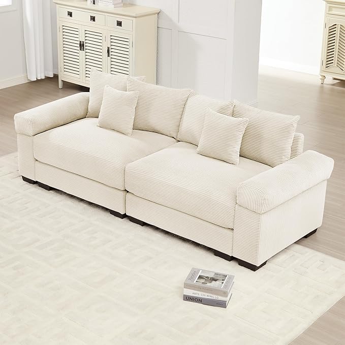 KEIKI 83" Oversized Corduroy Modular Sectional Loveseat Sofa with High-Density Foam Cushions, Extra-Thick Armrest, Upholstered Modern 2-Seater Fluffy Corner Couch with 6 Pillow, for Living Room, Beige