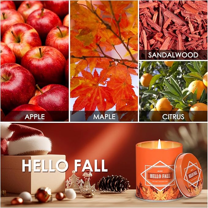 Fall Scented Candle – Hello Fall Soy Candle 9oz, 50 Hour Burn, Non-Toxic Autumn Decor, Holiday Gift for Women & Men