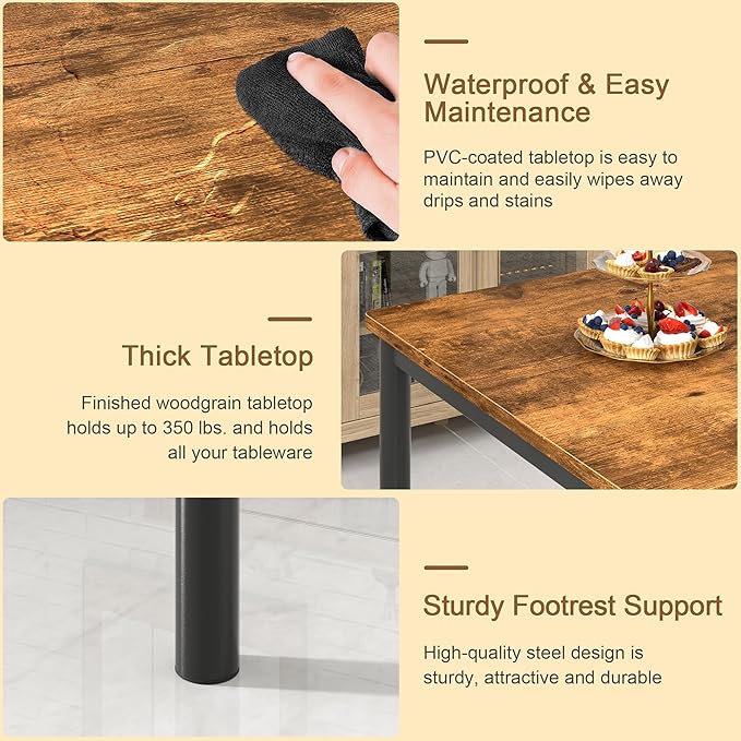 VECELO Kitchen Table and Chairs for 4, Dining Room Set with Chairs/Stools, Heavy-Duty Metal Frame with Wooden Tabletop for Small Spaces, Easy Assembly, Retro Brown