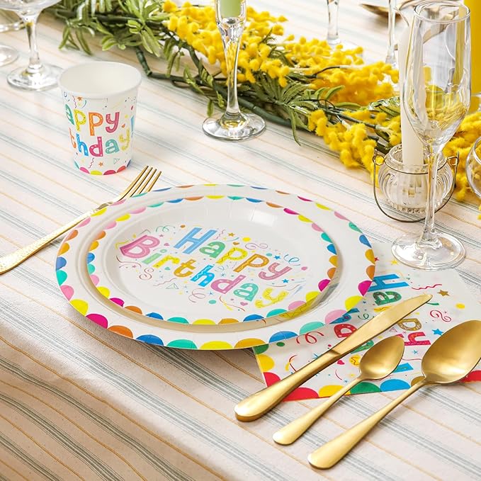 100pcs Birthday Party Plates Disposable Tableware Set Colored Semicircles Paper Plates for 25 Guests Party Supplies Baby Shower(Include 7" & 9" Plates, Cups and Napkins)