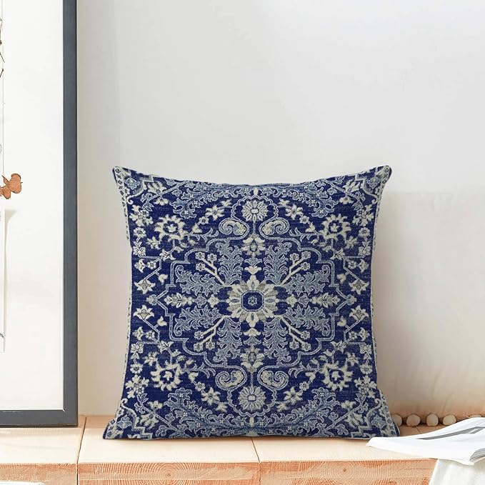 Navy Blue White Boho Pillow Covers 18x18 Set of 2, Carpet Design Decorative Boho Throw Pillows Linen Farmhouse Bohemian Cushion Pillow Covers for Sofa Couch Outdoor Decor