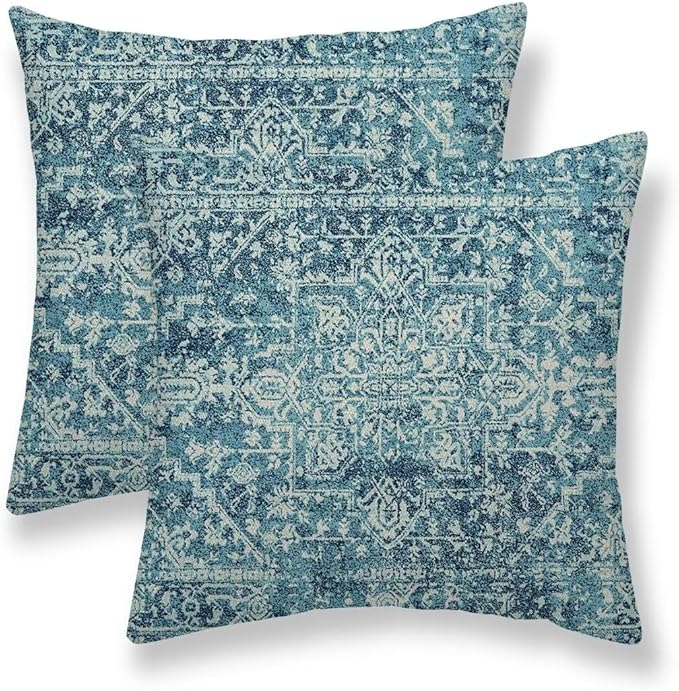 Teal Boho Pillow Covers 24x24 Set of 2, Bohemian Carpet Pattern Outdoor Decorative Throw Pillows Linen Ethnic Design Rustic Farmhouse Cushion Cases for Couch Sofa Decor
