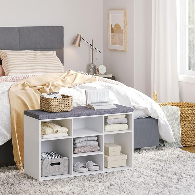 DINZI LVJ Shoe Storage Bench with Cushion, Cubby Shoe Rack with 9 Cubbies, Adjustable Shelves, Multifunctional Shoe Organizer Bench for Entryway, Mudroom, Hallway, Closet and Garage, White