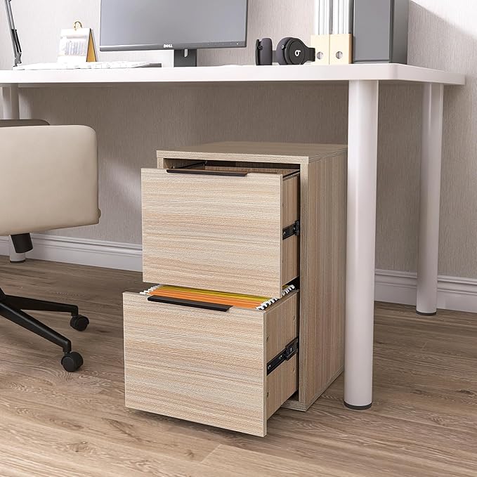 Wood File Cabinet 2 Drawer, Wooden File Cabinets with Hanging Bars for Letter Size, Samll Filing Cabinets for Home Office, Beige