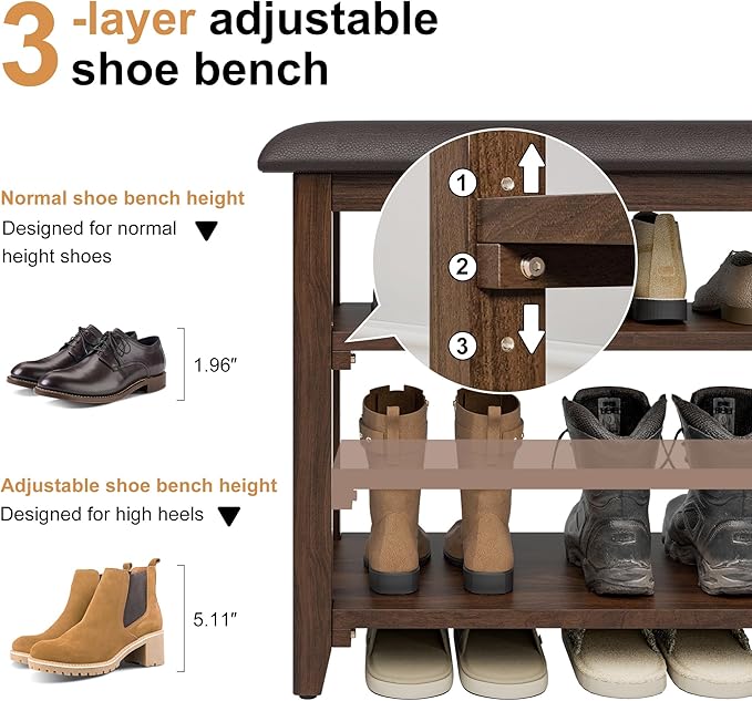 Wooden Shoe Bench Storage with Leather Cushion, Rustic Solid Wood Entryway Bench with 3-Tiers Height Adjustable, Shoe Rack Front Doors Entrances for Hallway Living Room,Mudrooms (Brown,47.2")