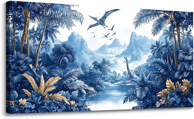 HKDGOKA Vintage Forest Wall Art, Blue Large Jurassic Dinosaur Canvas Pictures Tree Mountains Lake Landscape Paintings Artwork for Bedroom Living Room Kitchen Home Office Decor 24x48 IN