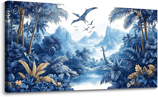 HKDGOKA Vintage Forest Wall Art, Blue Large Jurassic Dinosaur Canvas Pictures Tree Mountains Lake Landscape Paintings Artwork for Bedroom Living Room Kitchen Home Office Decor 24x48 IN