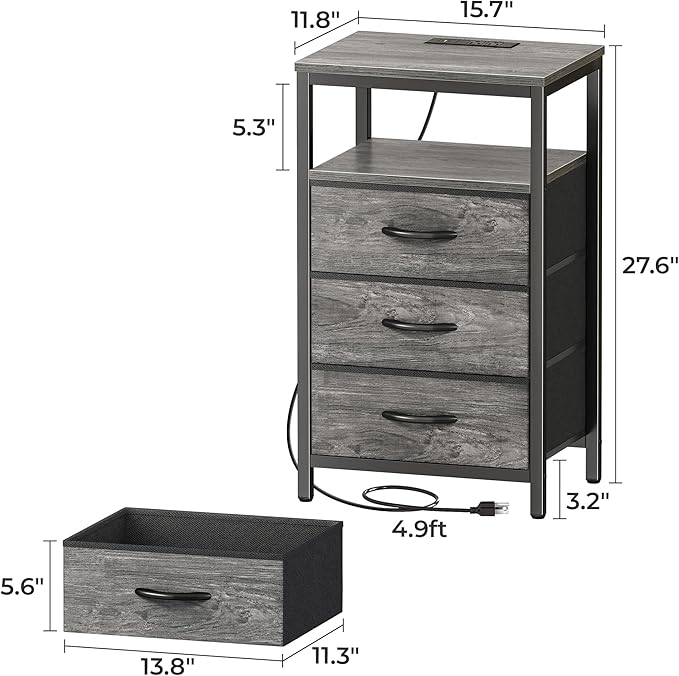 Huuger Nightstand with Charging Station, 27.6 Inch End Table Bedside Table with USB Ports and Outlets, Night Stand for Bedroom, Fabric Drawers, Grey