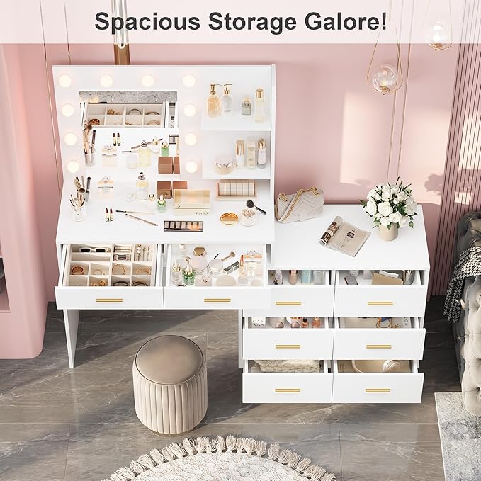 GarveeHome 61 in Make Up Vanity Desk with Mirror and Lights, White Vanity with 8 Wide Storage Drawers & 2 Tier Shelves, 3 Lighting Modes with Adjustable Brightness for Bedroom