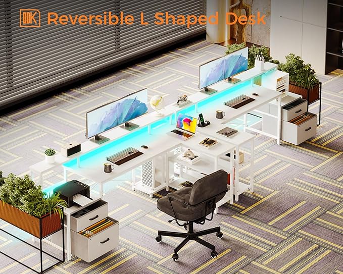 ODK L Shaped Desk with File Drawer, 66" Reversible L Shaped Computer Desk with Power Outlet & LED Strip, Home Office Desk with Storage Shelves, Gaming Desk with Monitor Shelf, Corner Desk, White