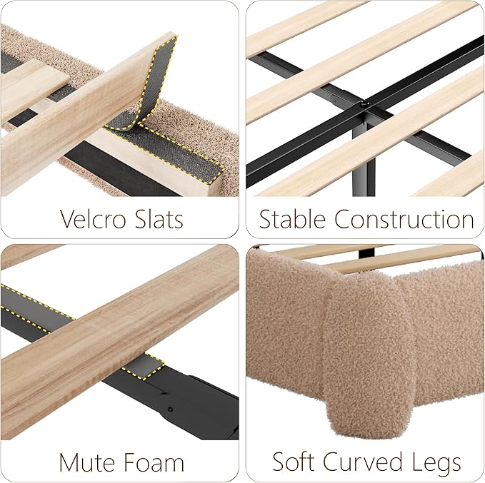 King Size Bed Frame with Headboard Adjustable, Boucle Upholstered Platform King Bed Frame, Anti-Collision Soft Rounded Corners, No Box Spring Needed, Noise-Free, Easy Assembly, Brown