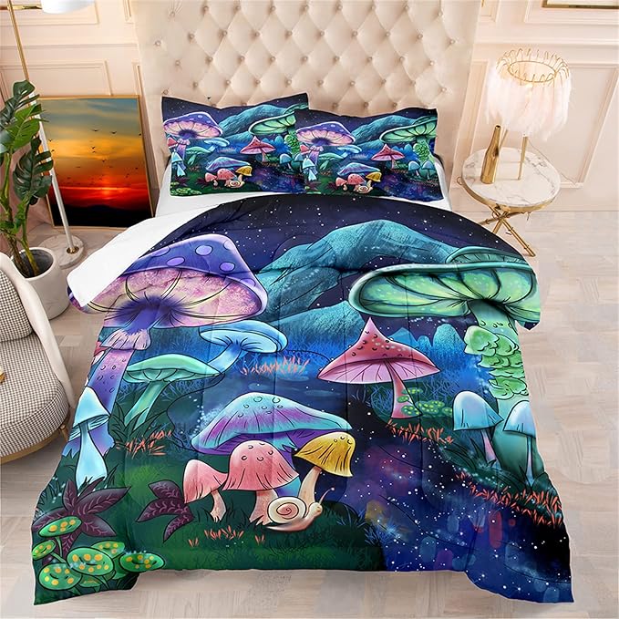 Mushroom Comforter Set for Bedroom - Twin Size, Colorful Mushroom Bedding Set with Quilt and Pillowcases