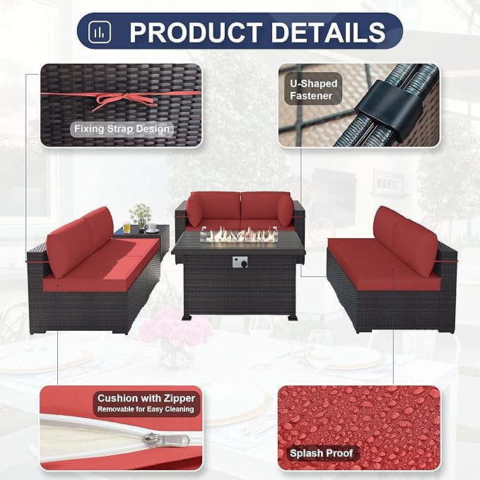 Kurapika 11 Pieces Patio Furniture Set, Rattan Wicker Outdoor Conversation Sets w/43in Propane Fire Pit Table, Swivel Rocking Chairs Patio Sectional Sofa w/4 Inch Cushion, Red