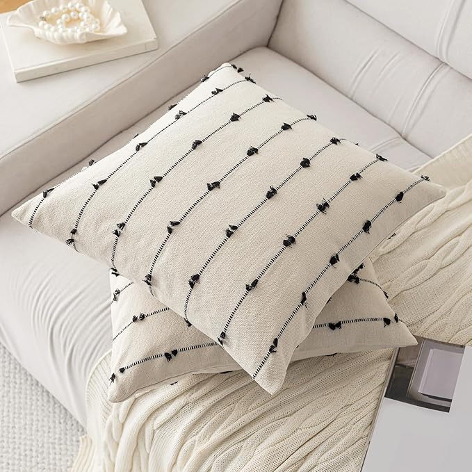 Boho Throw Pillow Covers 20x20 Set of 2 Modern Farmhouse Decorative Cushion Case Tufted Square Pillows Cover Neutral Pillow Cases Accent Pillowcase for Sofa,Couch,Bed,Beige and Black
